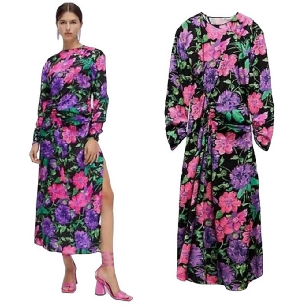 ZARA Floral Satin Midi Dress Size S - Bloggers Favourite, Trending